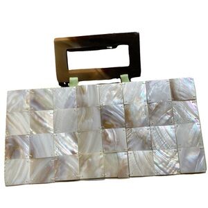 Lunasea Imports Abalone Shella Rhodoid Tile Handbag Mint Green Satin Lining EUC